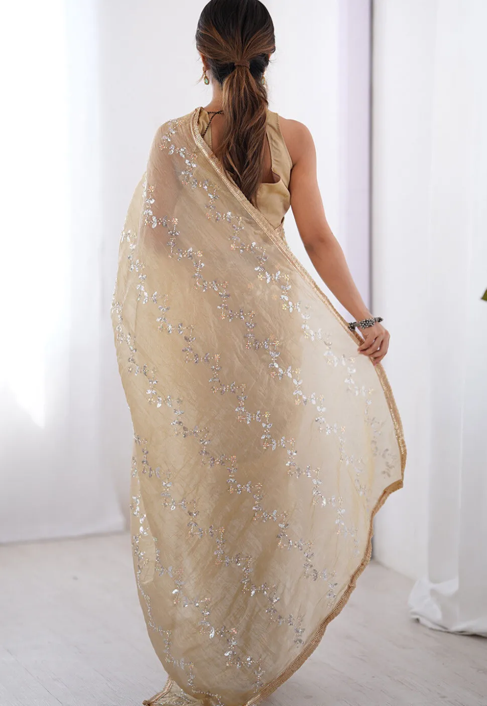Hand Embroidered Tissue Saree in Beige
