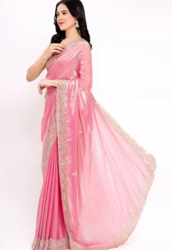 Hand Embroidered Tissue Silk Saree in Pink
