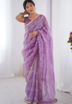 Hand Embroidered Tissue Saree in Purple