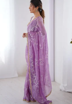 Hand Embroidered Tissue Saree in Purple