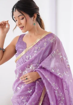 Hand Embroidered Tissue Saree in Purple