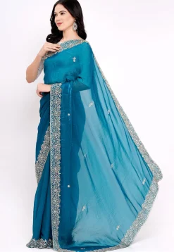 Hand Embroidered Tissue Silk Saree in Teal Blue