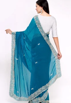 Hand Embroidered Tissue Silk Saree in Teal Blue