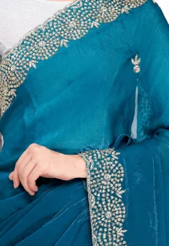 Hand Embroidered Tissue Silk Saree in Teal Blue