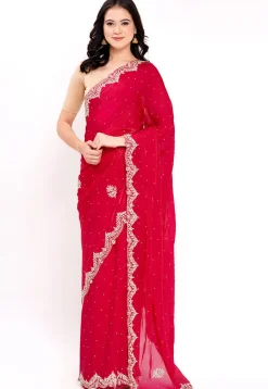 Hand Embroidered Tissue Silk Saree in Fuchsia