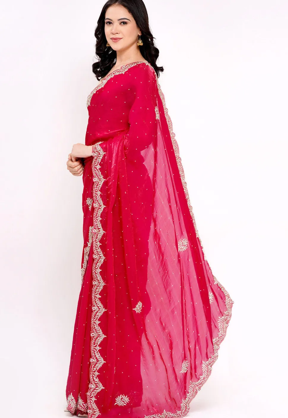 Hand Embroidered Tissue Silk Saree in Fuchsia