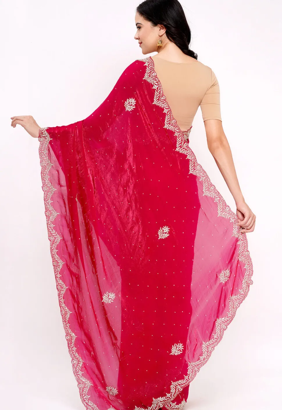 Hand Embroidered Tissue Silk Saree in Fuchsia