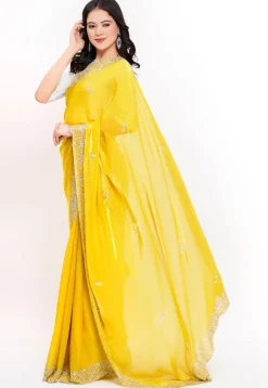 Hand Embroidered Tissue Silk Saree in Yellow