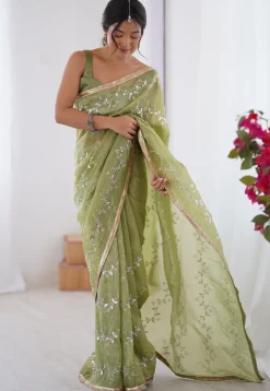 Hand Embroidered Tissue Saree in Green