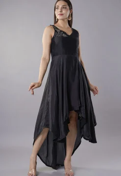 Hand Embroidered Uppada Silk Asymmetric Dress in Black