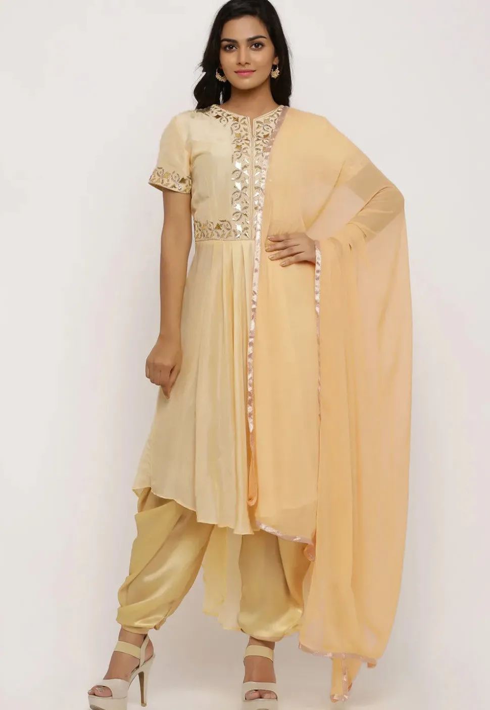 Hand Embroidered Uppada Silk Pleated Punjabi Suit in Yellow