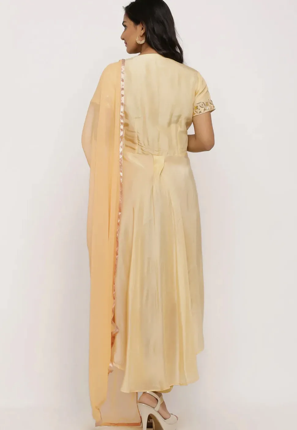 Hand Embroidered Uppada Silk Pleated Punjabi Suit in Yellow