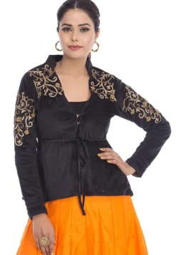 Hand Embroidered Velvet Jacket in Black