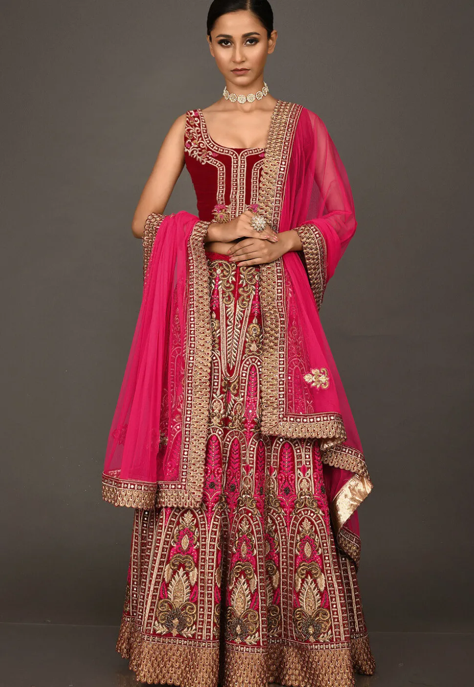 Hand Embroidered Velvet Lehenga in Red