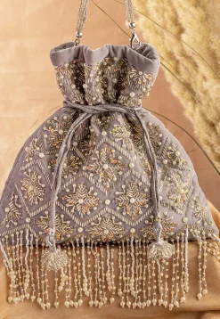 Hand Embroidered Velvet Potli Bag in Grey