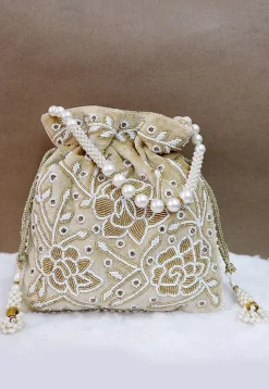 Hand Embroidered Velvet Potli Bag in Beige