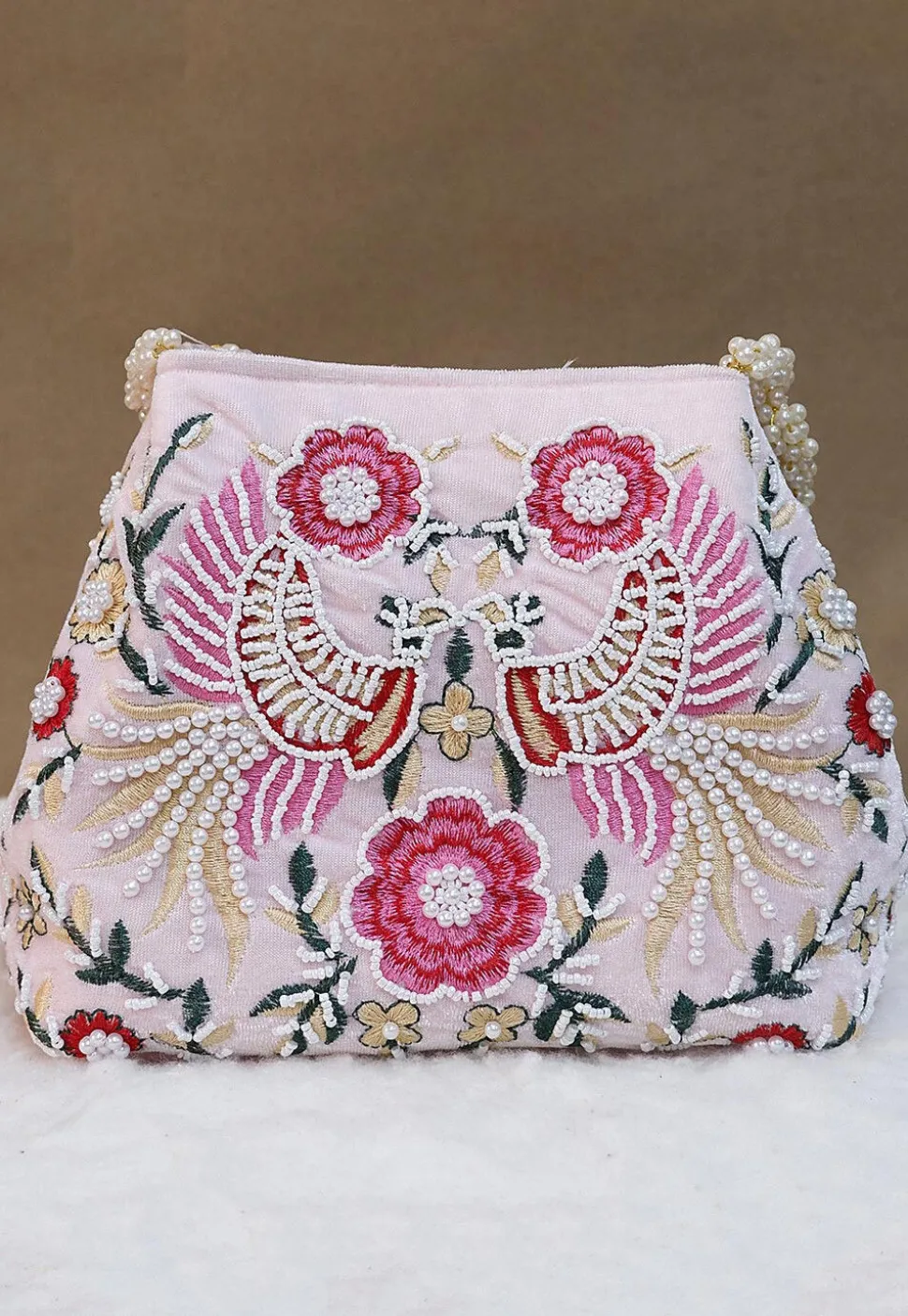 Hand Embroidered Velvet Potli Bag in Baby Pink
