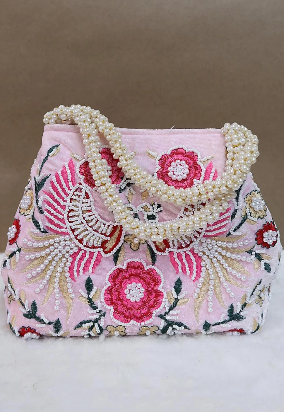 Hand Embroidered Velvet Potli Bag in Baby Pink