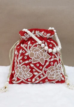 Hand Embroidered Velvet Potli Bag in Red
