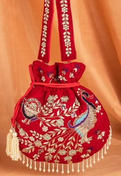 Hand Embroidered Velvet Potli Bag in Red
