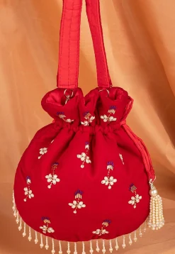 Hand Embroidered Velvet Potli Bag in Red