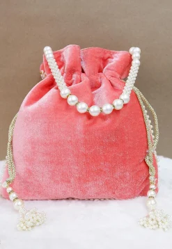 Hand Embroidered Velvet Potli Bag in Peach