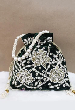Hand Embroidered Velvet Potli Bag in Dark Green