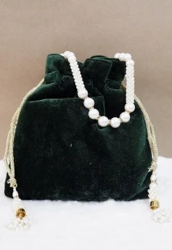 Hand Embroidered Velvet Potli Bag in Dark Green