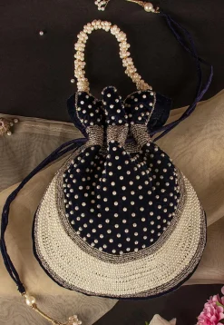 Hand Embroidered Velvet Potli Bag in Navy Blue