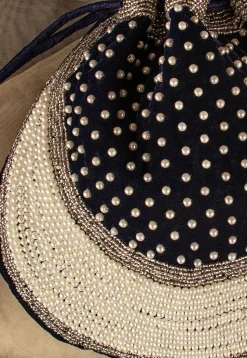 Hand Embroidered Velvet Potli Bag in Navy Blue
