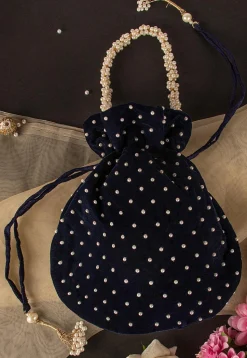 Hand Embroidered Velvet Potli Bag in Navy Blue
