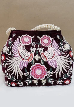 Hand Embroidered Velvet Potli Bag in Wine