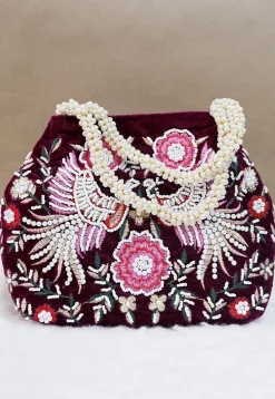 Hand Embroidered Velvet Potli Bag in Wine