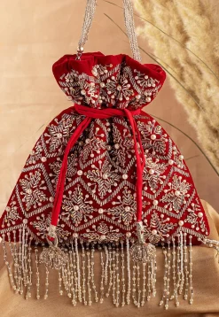 Hand Embroidered Velvet Potli Bag in Red