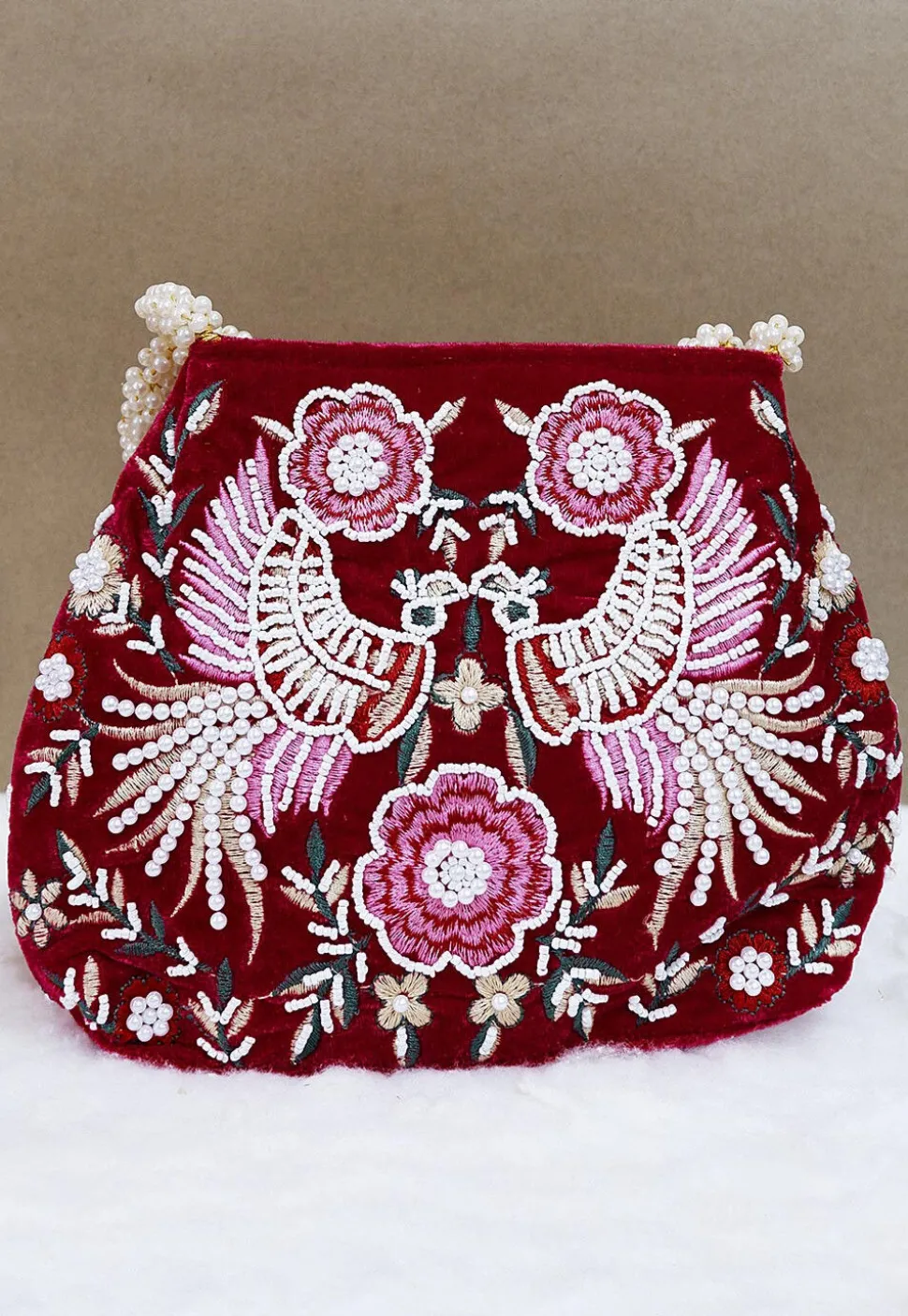 Hand Embroidered Velvet Potli Bag in Maroon