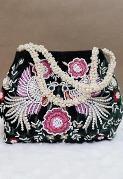 Hand Embroidered Velvet Potli Bag in Dark Green