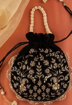 Hand Embroidered Velvet Potli Bag in Black