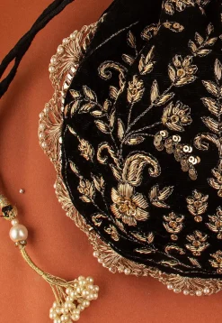 Hand Embroidered Velvet Potli Bag in Black