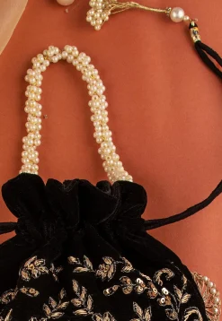 Hand Embroidered Velvet Potli Bag in Black