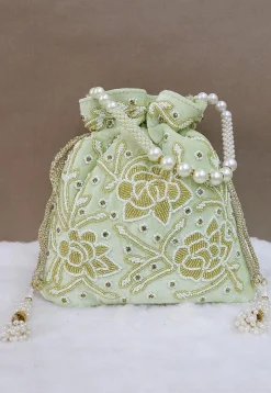 Hand Embroidered Velvet Potli Bag in Pastel Green