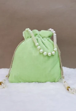 Hand Embroidered Velvet Potli Bag in Pastel Green
