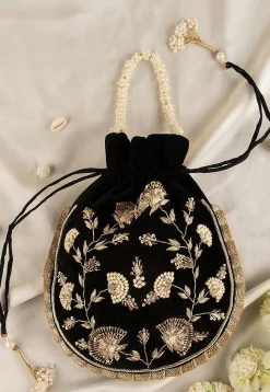 Hand Embroidered Velvet Potli Bag in Black