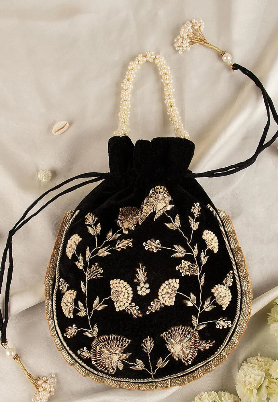 Hand Embroidered Velvet Potli Bag in Black