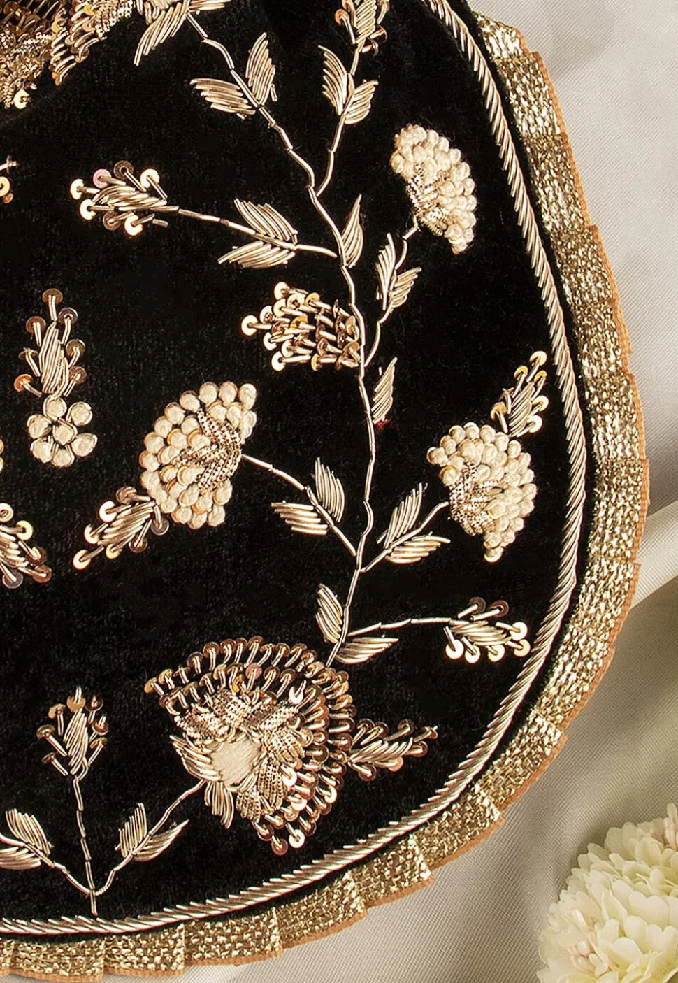 Hand Embroidered Velvet Potli Bag in Black