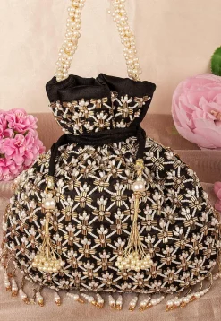 Hand Embroidered Velvet Potli Bag in Black
