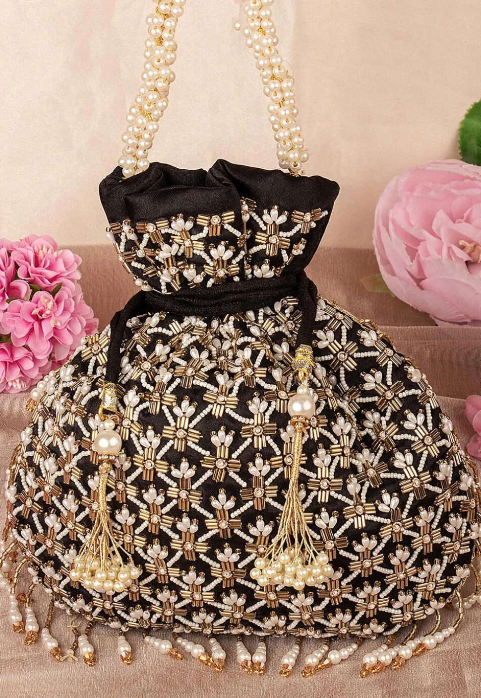 Hand Embroidered Velvet Potli Bag in Black