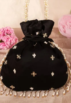 Hand Embroidered Velvet Potli Bag in Black