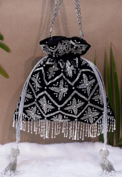 Hand Embroidered Velvet Potli Bag in Black