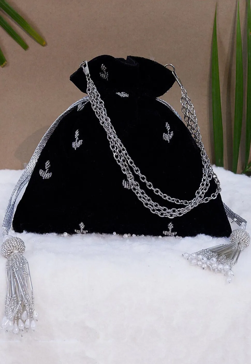 Hand Embroidered Velvet Potli Bag in Black