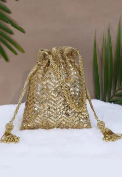 Hand Embroidered Velvet Potli Bag in Golden